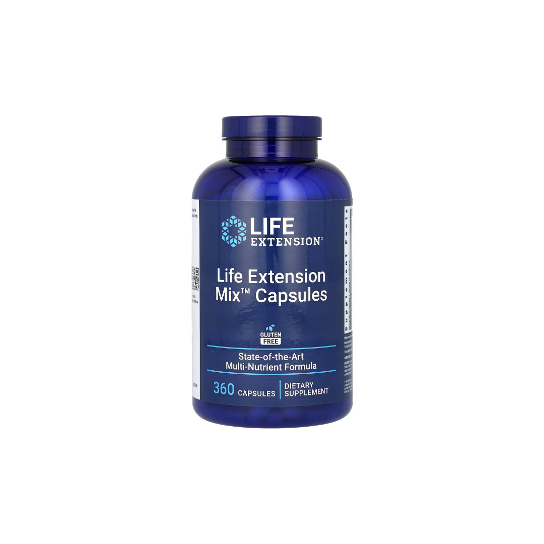 A blue bottle of Life Extension Mix Capsules, by the brand Life Extension, features a cutting-edge multi-nutrient formula enriched with essential vitamins. It contains 360 gluten-free capsules and is distinctly labeled as a dietary supplement.