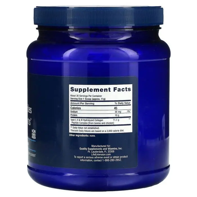 A blue container labeled "Collagen Peptides for Skin and Joints 343 g (12 oz)" by Life Extension provides detailed information on its collagen peptides content, recognized for promoting skin and joint health.