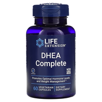 Thumbnail for The DHEA Complete supplement by Life Extension comes in a blue bottle and contains 60 vegetarian capsules. It is designed to promote optimal hormone balance, support mood enhancement, and assist with weight management. This distinctively formulated DHEA product is both Non-GMO and gluten-free.