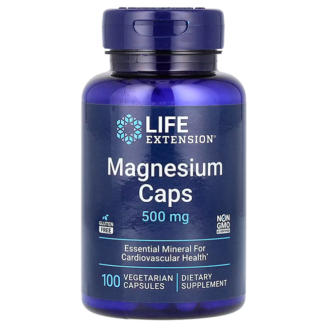 The Life Extension Magnesium Caps, 500 mg, comes with 100 vegetarian capsules. This dietary supplement is gluten-free and non-GMO, designed to support cardiovascular health effectively. Ideal for individuals looking for vegetarian supplements that promote heart wellness.