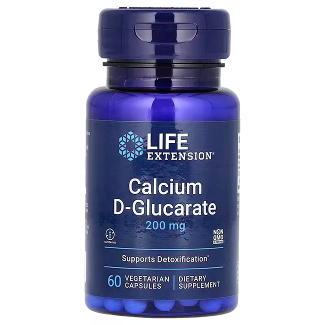 Bottle of Life Extension Calcium D-Glucarate, 200 mg, containing 60 vegetarian capsules. Promotes detoxification processes and supports healthy cholesterol levels. Non-GMO.