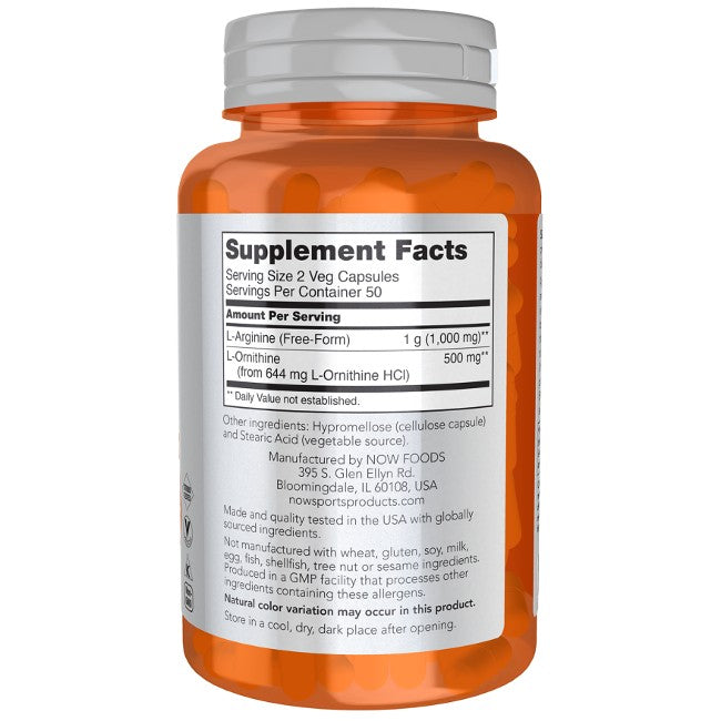 Orange bottle of Now Foods Arginine 500 mg & Ornithine 250 mg 100 Veg Capsules with a back label showing supplement facts, ingredients, serving size, and manufacturer’s address—designed to support muscle regeneration.