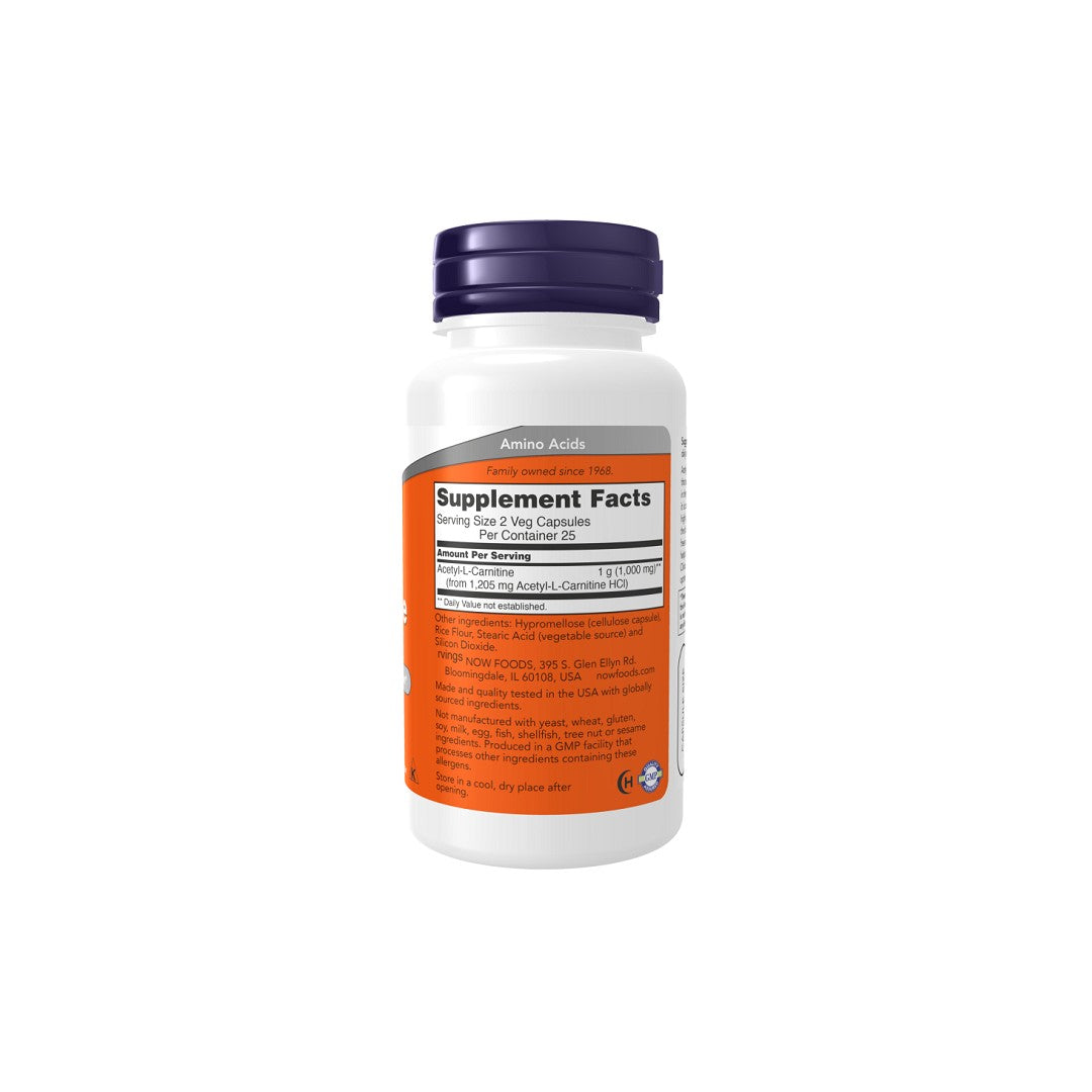 A bottle of Acetyl -L-Carnitine 500 mg 200 vege capsules by Now Foods on a white background.