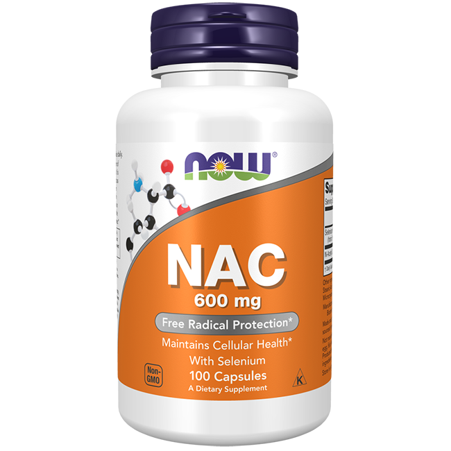 A white bottle labeled "Now Foods N-Acetyl Cysteine 600 mg," containing 100 capsules, offers antioxidant support, free radical protection, and promotes cellular and liver health.