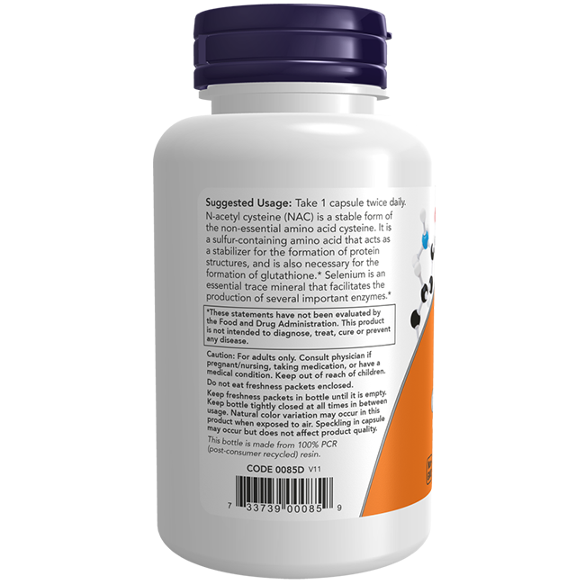 Now Foods N-Acetyl Cysteine 600 mg, 250 Capsules comes in a white bottle with a purple cap and a back label showing usage instructions, supplement facts, and warnings. This antioxidant supports liver health.