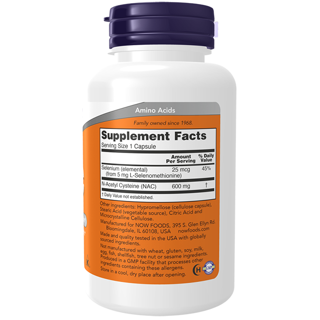 NOW Foods N-Acetyl Cysteine 600 mg comes in a white bottle with an orange label, provides selenium and NAC per capsule, supports liver health, and includes Supplement Facts plus ingredient and manufacturing details. 250 capsules per bottle.