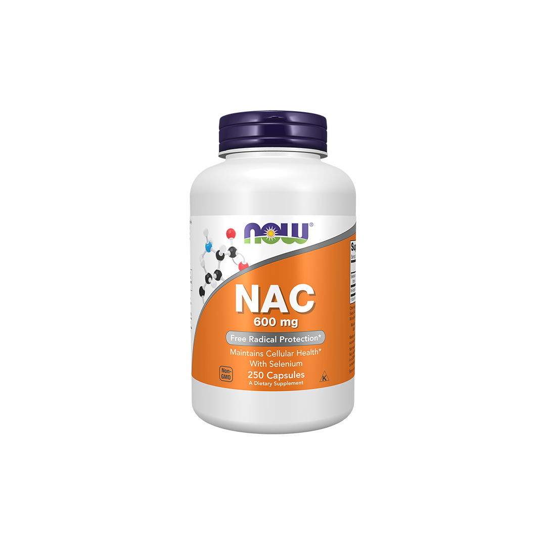 A white bottle of Now Foods N-Acetyl Cysteine 600 mg antioxidant supplement with 250 capsules, labeled for free radical protection, liver and cellular health.