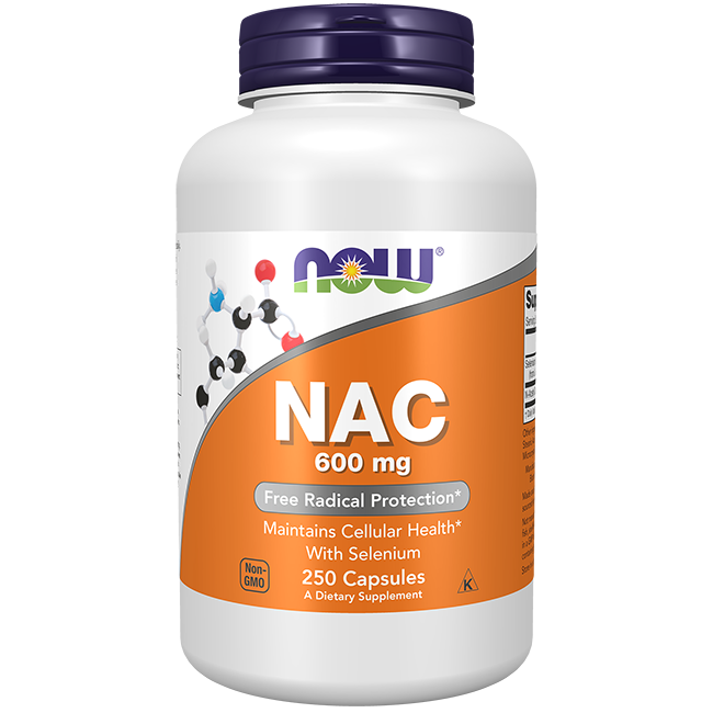 A white bottle of Now Foods N-Acetyl Cysteine 600 mg with 250 capsules supports antioxidant protection, cellular and liver health; contains selenium, is non-GMO, and labeled for free radical protection.