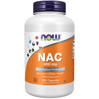 Thumbnail for A white bottle of Now Foods N-Acetyl Cysteine 600 mg with 250 capsules supports antioxidant protection, cellular and liver health; contains selenium, is non-GMO, and labeled for free radical protection.