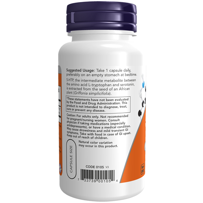 Now Foods 5-HTP 100 mg 120 Vegetable Capsules features a white bottle with purple cap, listing suggested use, caution, key ingredients, dosage instructions for mood support, and an FDA disclaimer on the label.