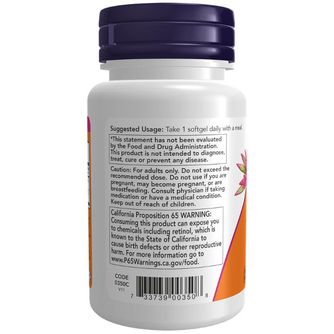 Now Foods Vitamin A & D 10,000/400 IU 100 Softgels comes in a white bottle with a purple cap, shows usage directions, California Proposition 65 warning, and FDA disclaimer. Supports bone health and immune function.