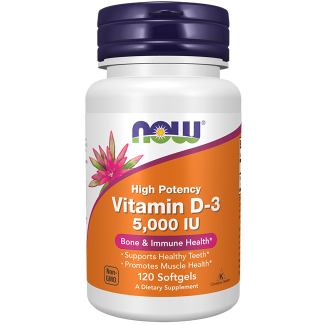 NOW Foods Vitamin D3 5000 IU 120 Softgels provides high potency, non-GMO support for bone and immune health. Ideal for daily wellness, this dietary supplement helps maintain strong bones and a healthy immune system.