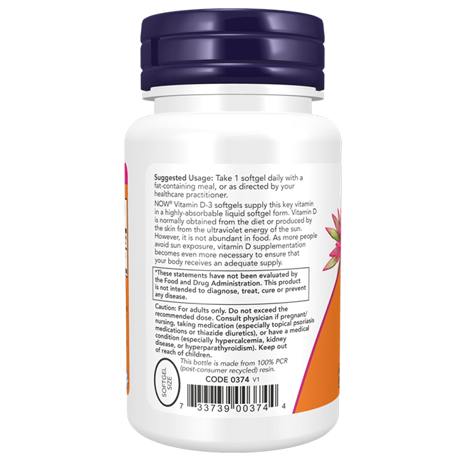 Back view of Now Foods Vitamin D3 5000 IU 120 Softgels bottle, showing suggested use, cautions, and barcode; features a purple cap and partial floral design—supports bone strength and immune system health.