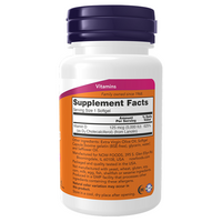 Thumbnail for A white and purple bottle of Now Foods Vitamin D3 5000 IU 120 Softgels, featuring the Supplement Facts label with dosage and ingredients to support immune system and bone health.