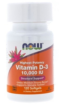 Now Now Foods Vitamin D3 10000 IU 120 softgel capsules for immune function and calcium absorption.