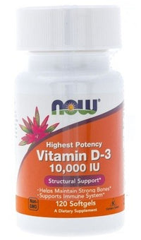 Thumbnail for Now Now Foods Vitamin D3 10000 IU 120 softgel capsules for immune function and calcium absorption.