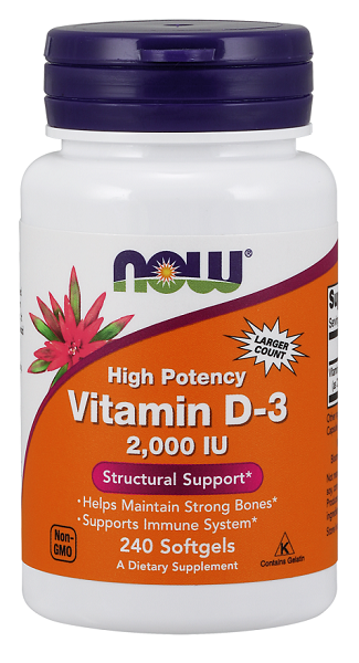 Boost your immune wellness and bone health with our high potency Now Foods Vitamin D3 2000 IU (50mcg) 240 softgel supplement.