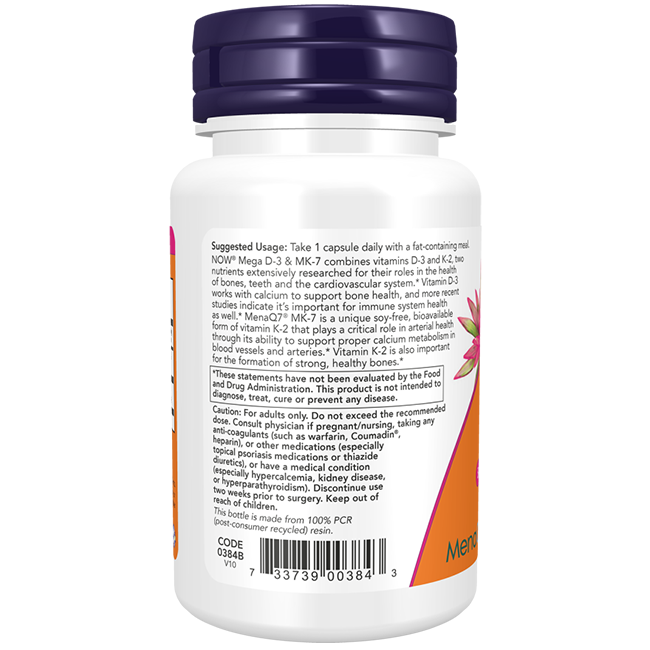 A white bottle with a blue cap showcases the Mega D-3 and MK-7 supplement from Now Foods, designed for bone health. The label provides suggested usage, nutritional information, and a caution section, emphasizing the benefits of Vitamin D3 for optimal wellness.