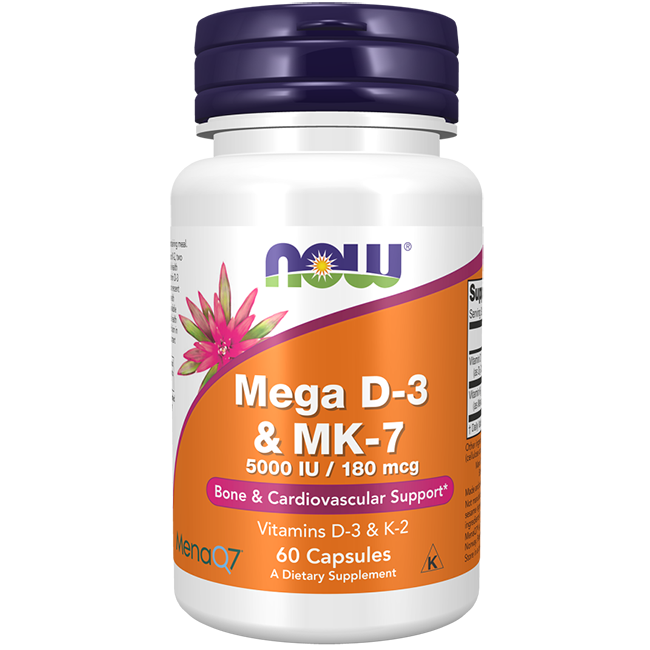 The Mega D-3 and MK-7 dietary supplement by Now Foods comes in a bottle containing 60 capsules, offering bone health and cardiovascular support with the benefits of Vitamin D3 and Vitamin K2.