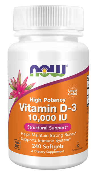 Now Vitamin D3 10000 IU 240 softgel supplement, supporting calcium absorption and bone growth by Now Foods.