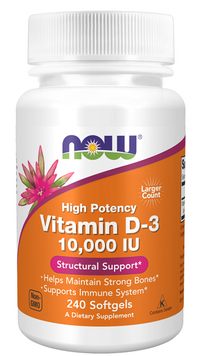 Thumbnail for Now Vitamin D3 10000 IU 240 softgel supplement, supporting calcium absorption and bone growth by Now Foods.