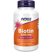 Thumbnail for A bottle of Now Foods Biotin 5000 mcg, 120 vegetarian capsules, supports energy production, amino acid metabolism, and helps maintain healthy skin and hair.