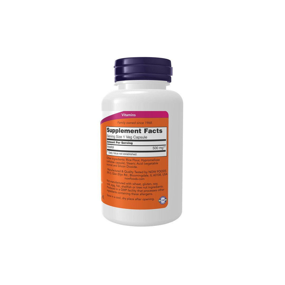 A bottle of Now Foods Inositol 500 mg 100 Vegetable Capsules on a white background.