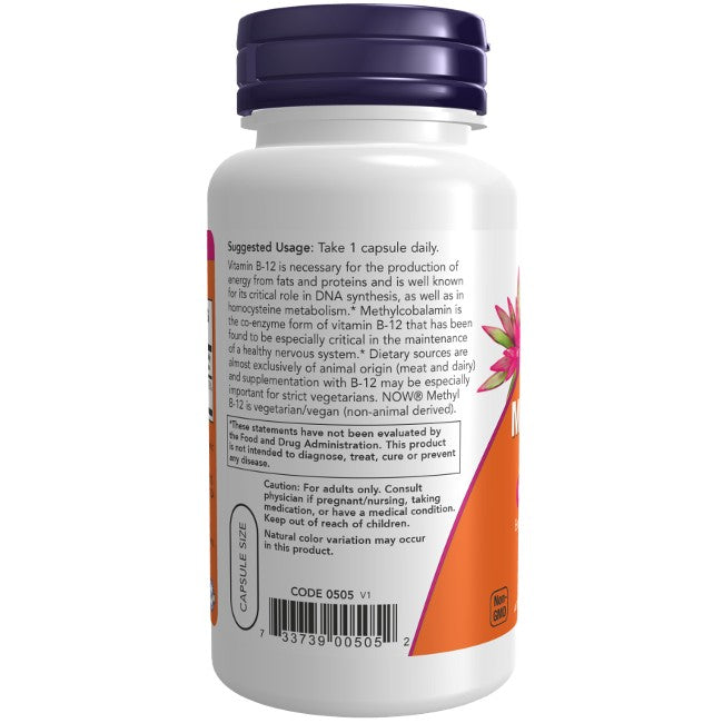 Now Foods Methyl B-12 5000 mcg 90 Veg Capsules come in a white bottle with a purple cap, featuring usage instructions and nutrition facts. Supports energy production and vitamin B12 health.