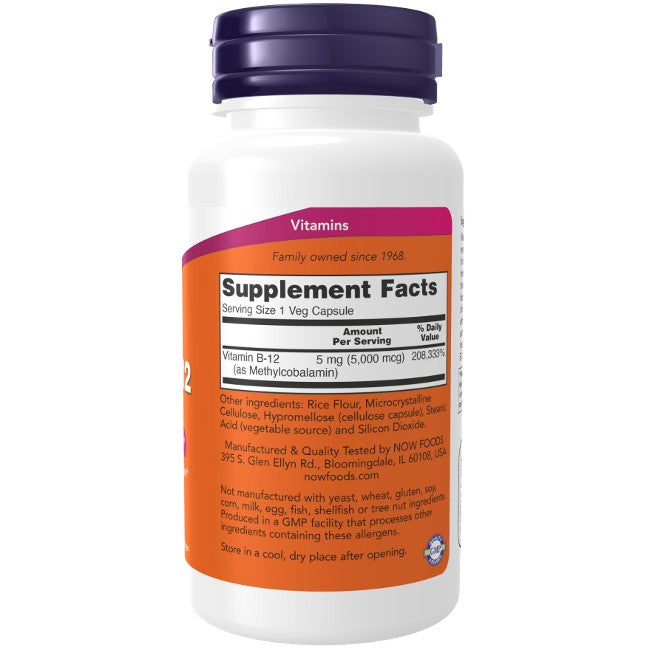 A white bottle of Now Foods Methyl B-12 5000 mcg (90 Veg Capsules) displays Supplement Facts and ingredient details, emphasizing Methyl B-12 for enhanced energy production.