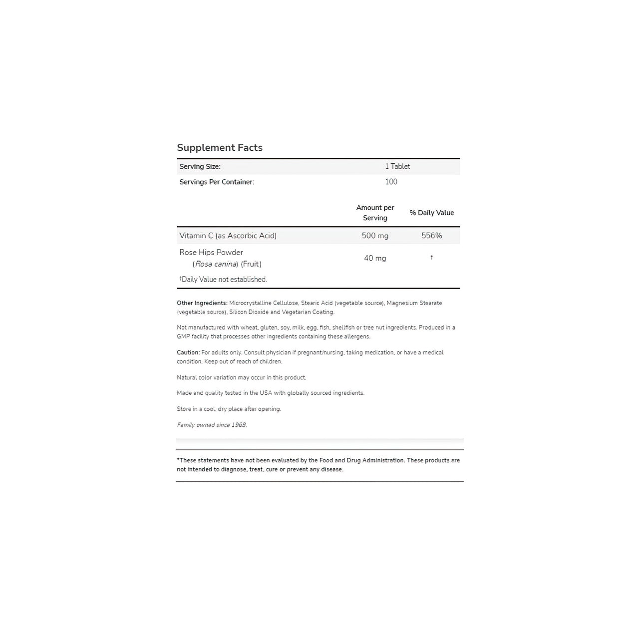 A sample assessment form on a white background that measures the effectiveness of Now Foods' Vitamin C 500 mg with Rose Hips 100 tablets on the immune system.