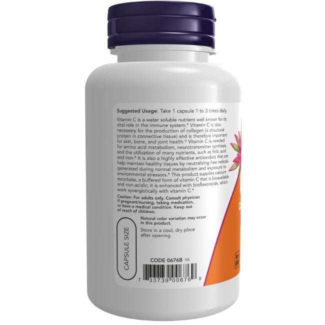 A white bottle with a purple cap, labeled as Now Foods Vitamin C-500 Calcium Ascorbate-C 100 Veg Capsules, displays supplement facts, suggested usage instructions, and a barcode on the back.