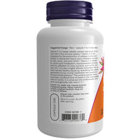 Thumbnail for A white bottle with a purple cap, labeled as Now Foods Vitamin C-500 Calcium Ascorbate-C 100 Veg Capsules, displays supplement facts, suggested usage instructions, and a barcode on the back.