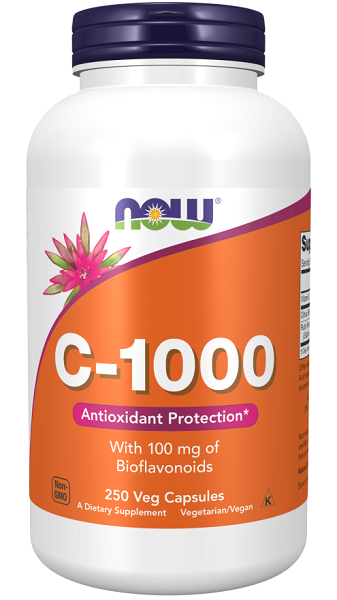 Now Foods Vitamin C 1000 mg 250 vege capsules provides antioxidant support for the immune system.