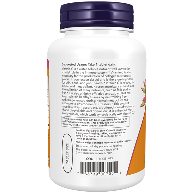 The Buffered C-1000 Complex 180 Tablets by Now Foods features a label with suggested usage and a detailed description of benefits, including immune system support.