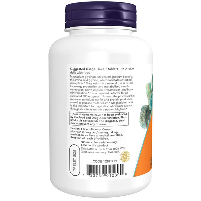 A white bottle of Now Foods Magnesium Glycinate 200 mg, containing 180 tablets, features a dark cap and detailed usage instructions along with product information on the label. This supplement supports energy production and promotes nervous system health, helping you feel your best every day.