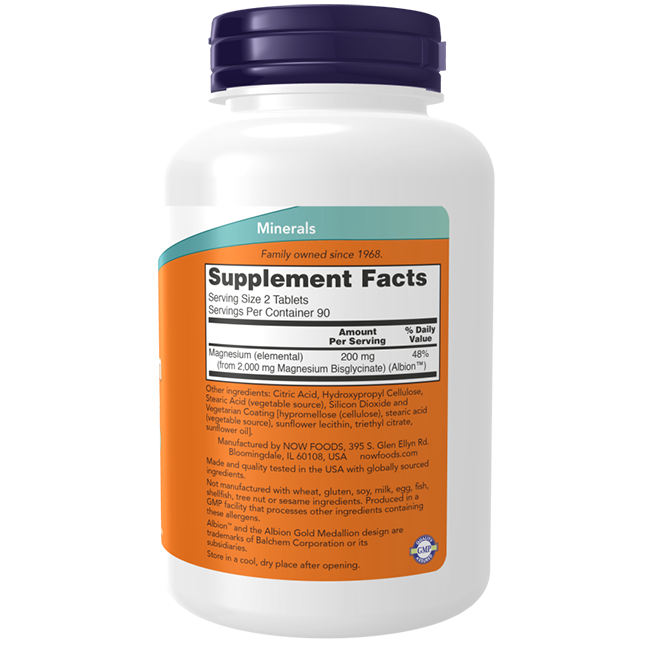 A white bottle featuring a purple cap is labeled "Magnesium Glycinate 200 mg 180 Tablets." The supplement facts emphasize Magnesium Glycinate as the key ingredient, which aids in supporting nervous system health and energy production. This product is manufactured by Now Foods.