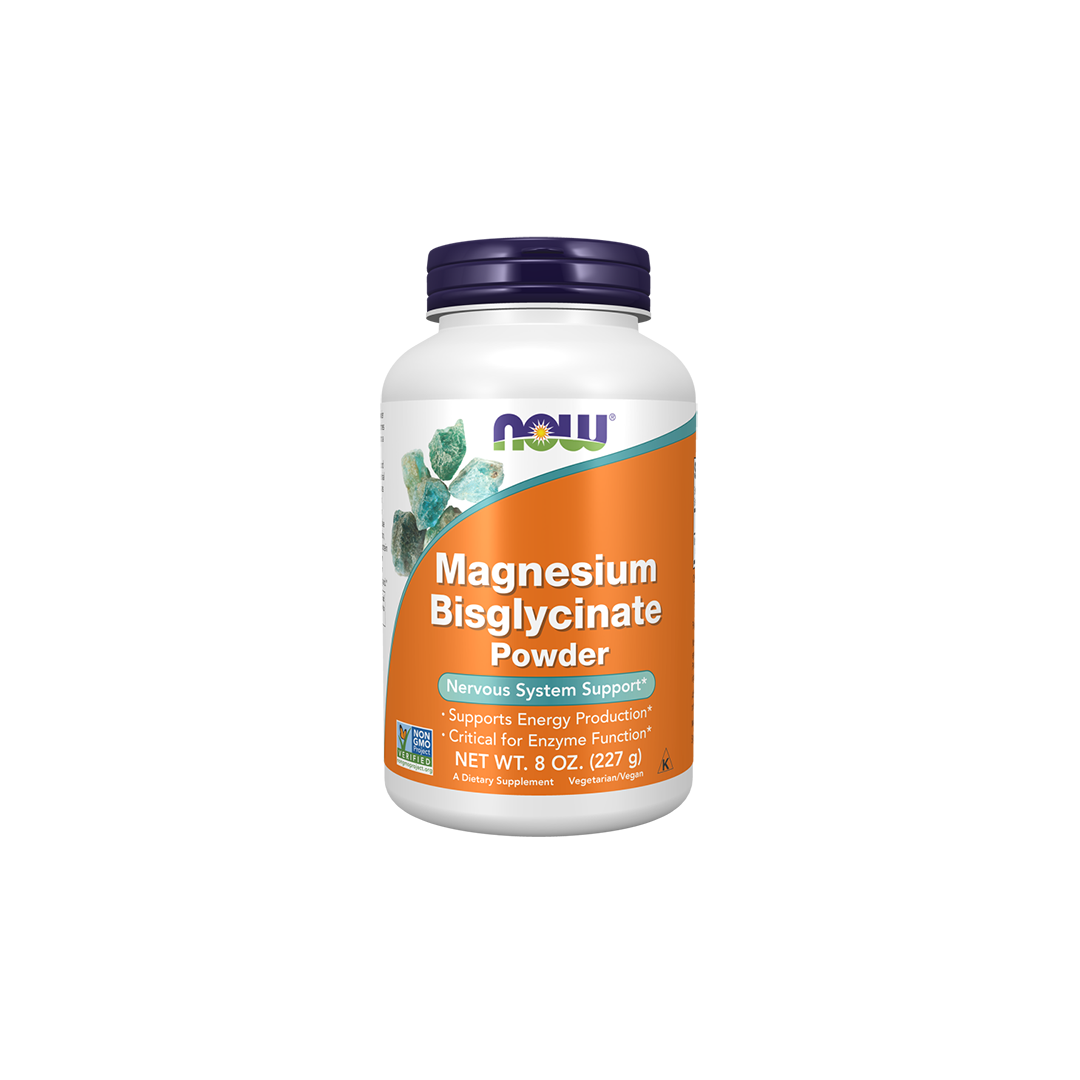 A white bottle of Now Foods Magnesium Bisglycinate Powder 277 g, a magnesium supplement with an orange label, supports nervous system health.