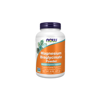 Thumbnail for A white bottle of Now Foods Magnesium Bisglycinate Powder 277 g, a magnesium supplement with an orange label, supports nervous system health.