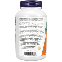 Thumbnail for Back label of Now Foods Magnesium Bisglycinate Powder 277g showing usage instructions, product details, cautions, storage info, barcode, and Albion chelate form for optimal absorption.