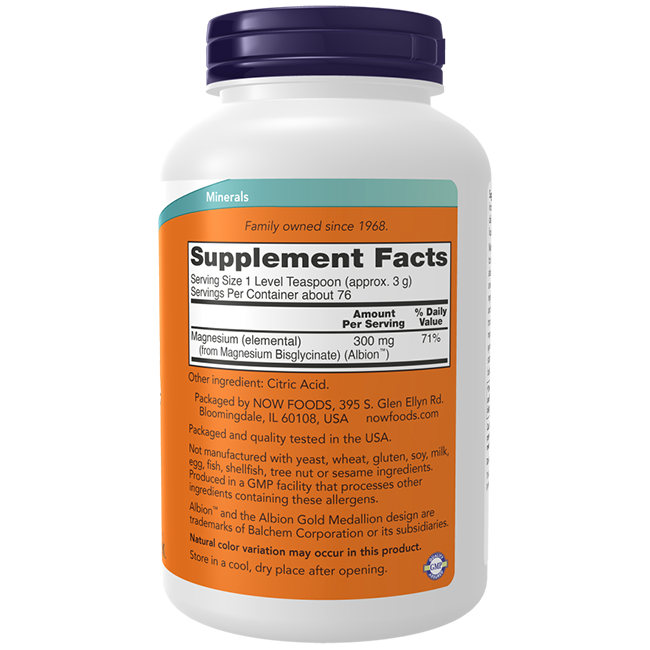 A white bottle labeled "Supplement Facts" shows details for Now Foods Magnesium Bisglycinate Powder 277 g, featuring Albion chelate. The label lists serving size, amount per serving, ingredients, and manufacturer info.