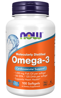 Thumbnail for Now Foods Omega-3 180 EPA/120 DHA 100 softgel, molecularly distilled for heart disease.