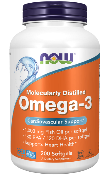 A bottle of Omega-3 180 EPA/120 DHA 200 softgel by Now Foods, promoting heart health and immune system support.