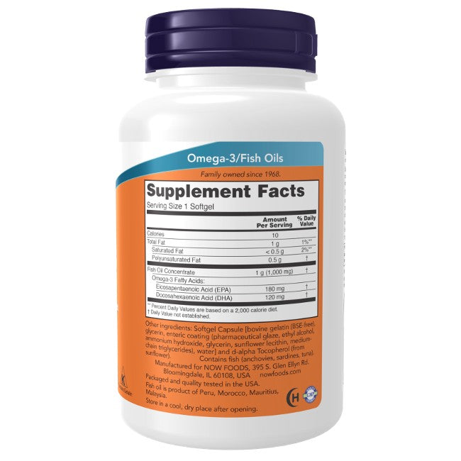 A white bottle of Now Foods Omega-3 Fish Oil, 180 Molecularly Distilled & Enteric Coated Softgels, shows the Supplement Facts label, EPA/DHA content, serving size, ingredients, and manufacturer details on the back.