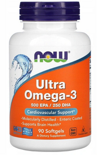 Thumbnail for Now Foods Ultra Omega-3 500 mg EPA/250 mg DHA 90 softgel provide both cognitive function and cardiovascular support.