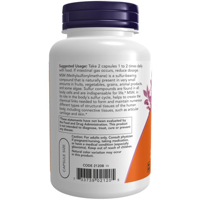 Now Foods MSM 1000 mg 120 Veg Capsules in a white bottle with a purple cap, featuring suggested usage, organic sulphur for joint health on the label, and a barcode.