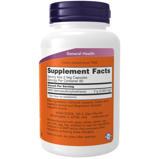 The white "MSM 1000 mg 120 Veg Capsules" bottle by Now Foods features "Supplement Facts," serving size, MSM content, and manufacturer info in an orange and purple design—ideal for those seeking joint health support with organic sulfur.