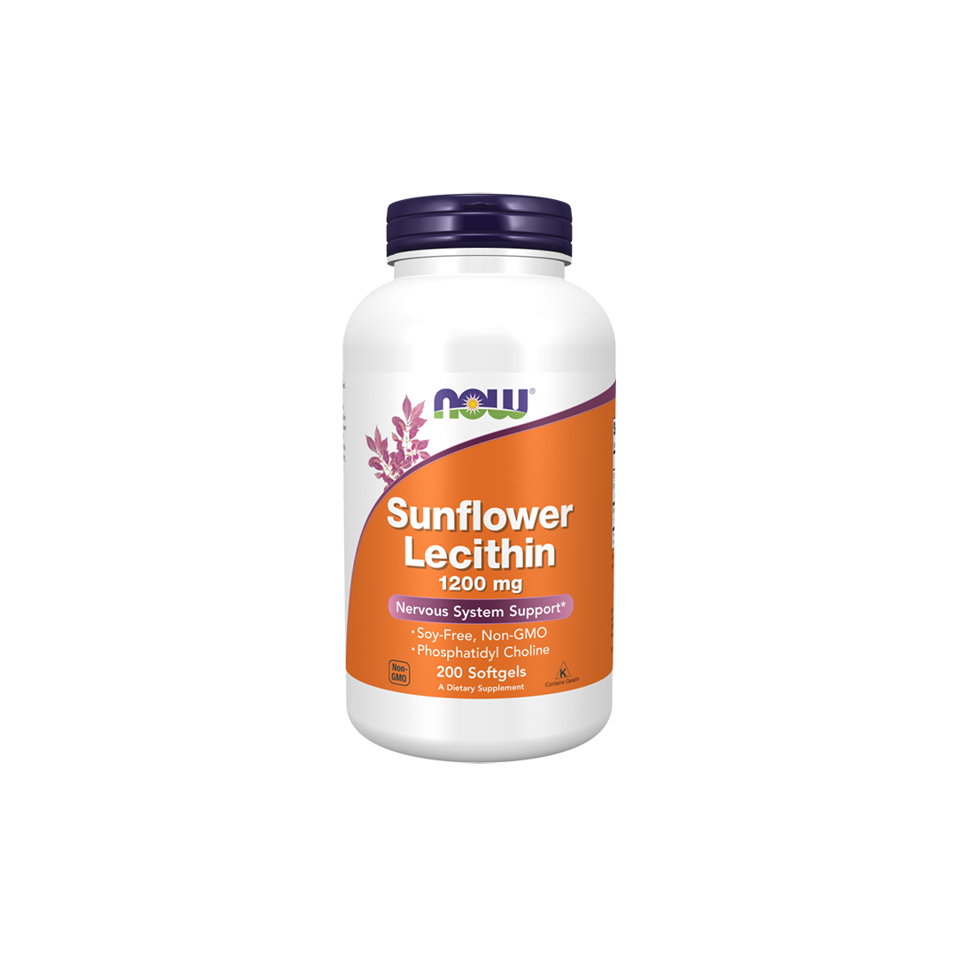 A bottle of Now Foods Sunflower Lecithin 1200 mg, containing 200 softgels, is soy-free and non-GMO, enriched with phosphatidylcholine for nervous system support and cognitive enhancement.