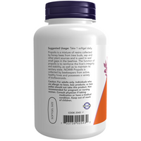 Thumbnail for A white bottle of Now Foods Propolis 2000 5:1 Extract 90 Softgels with a purple cap, back label showing usage, caution, and barcode—formulated for immune system support with propolis extract.
