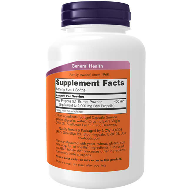 A white bottle of Now Foods Propolis 2000 5:1 Extract 90 Softgels displays supplement facts, ingredients, and manufacturer details, highlighting propolis extract known for supporting the immune system.