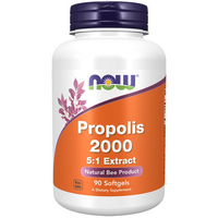 Thumbnail for A white bottle of Now Foods Propolis 2000 5:1 Extract, a natural bee product with 90 softgels, provides immune system support with potent Propolis extract.